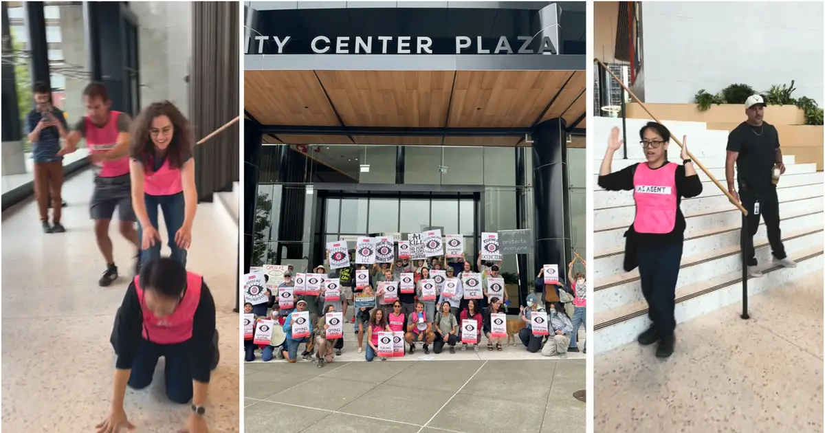 Protesters dressed as rogue AI agents target OpenAI in Bellevue with balloons and hot pink vests
