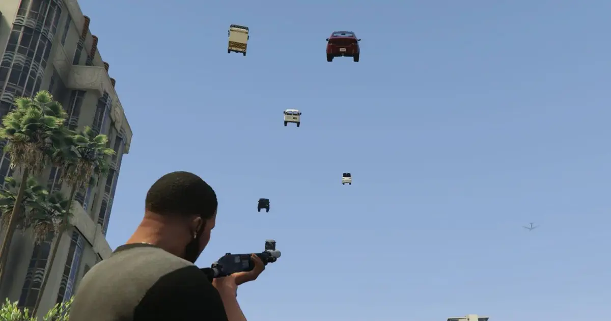 Today in GTA 5 mods: Turning Franklin into a walking car-cannon