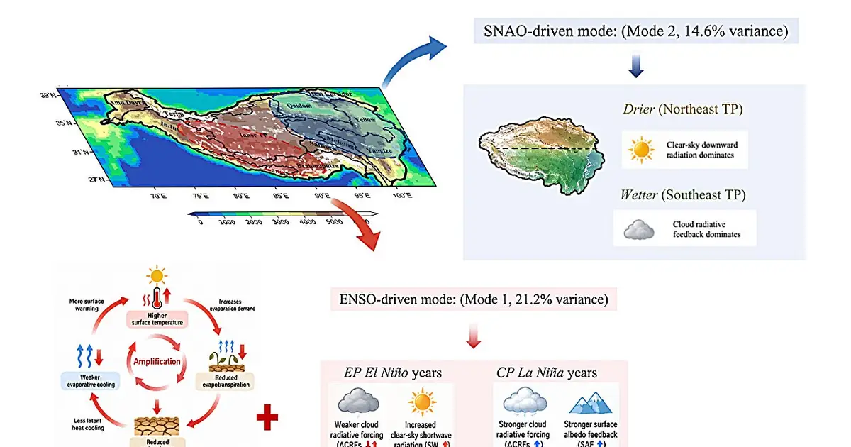 Why a wetter Tibetan Plateau still faces 'hot-dry' extremes: The roles of ENSO and the North Atlantic