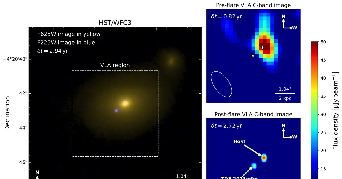 Shredded star reveals a massive black hole wandering far from its galaxy's center