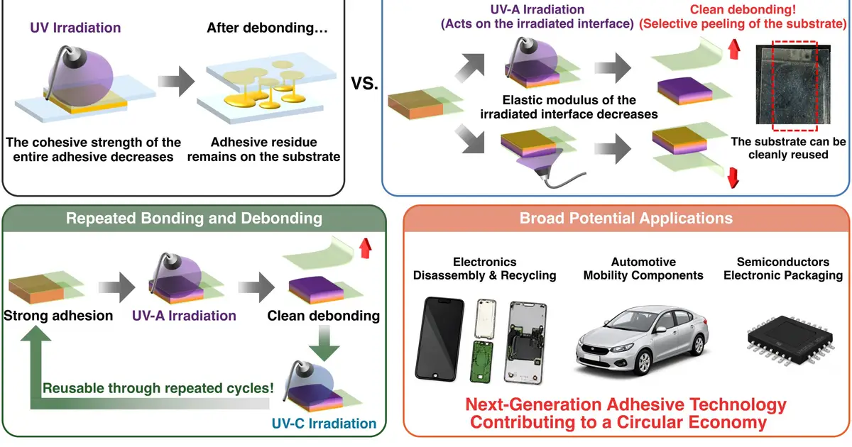 Light-triggered interface lets adhesive peel cleanly and rebond through 15 cycles