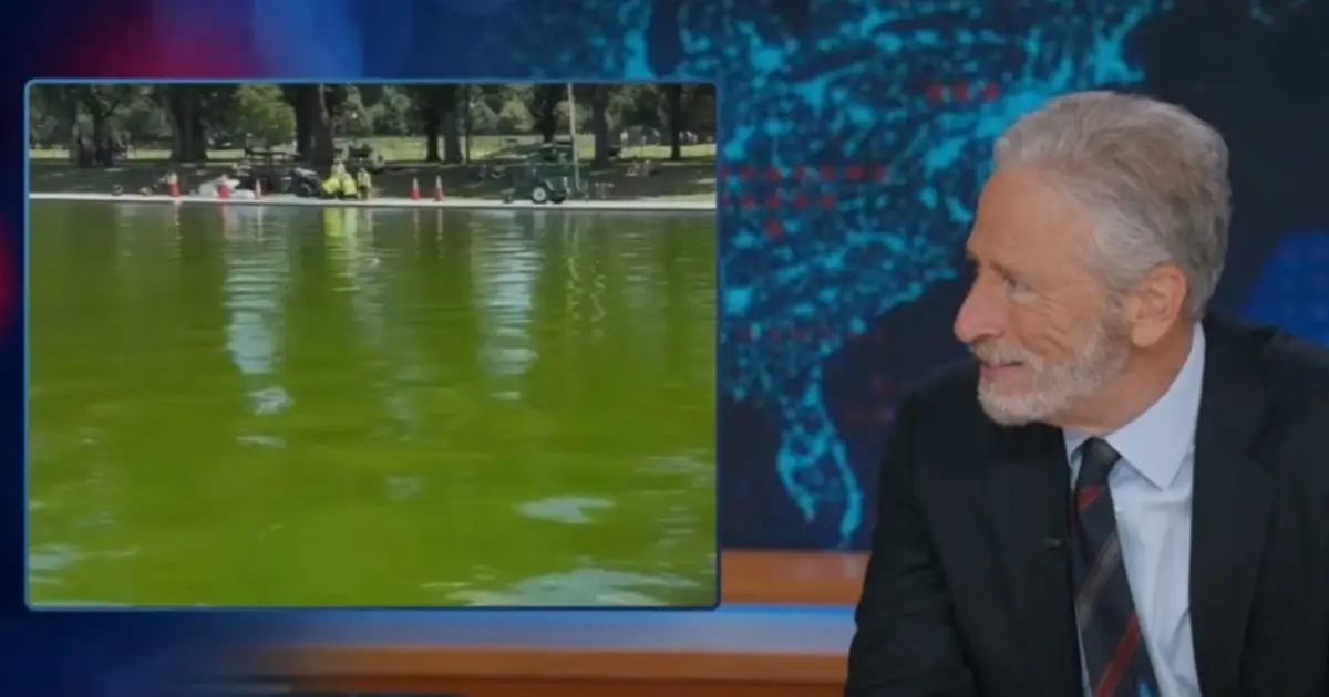 Jon Stewart Dives Into Reflecting Pool Algae Infestation: ‘Did They Replace the Water With Mountain Dew?’