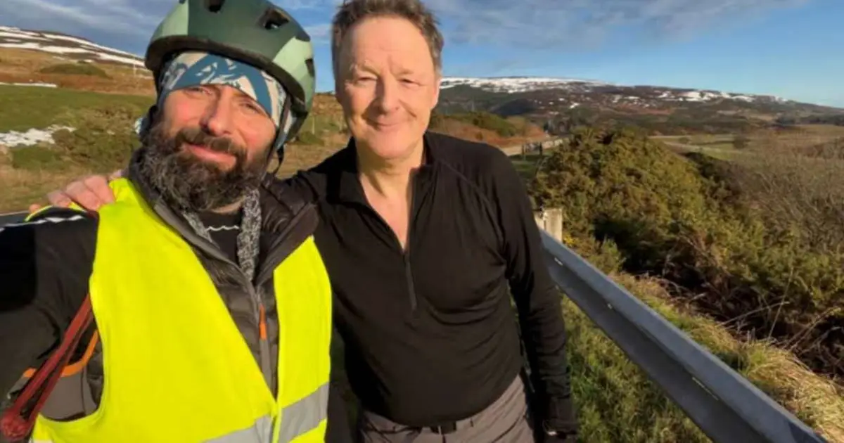 Mental health fundraiser Jonathan Kemp meets auther behind Finding Hildasay , Chris Lewis , who spent lockdown on the uninhabited island