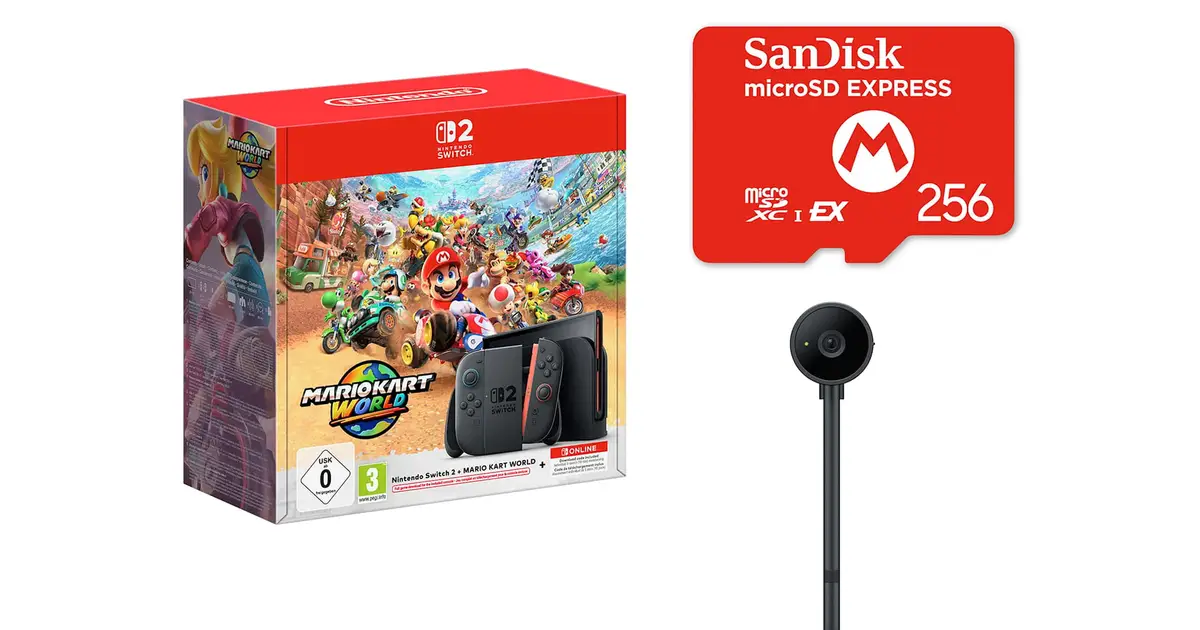 Nintendo UK is selling a Switch 2 bundle including Mario Kart World, a camera and a MicroSD card for £134 off